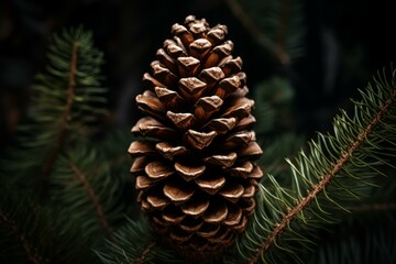 Fototapeta premium Pine cone growing on a conifer tree branch, representing nature, forests, and the beauty of the outdoors