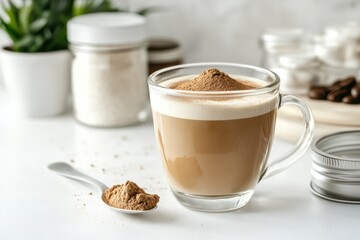 Collagen coffee in a glass alongside a jar and spoon on a white tabletop A natural beauty and health supplement for skin bones joints and digestion promoting an