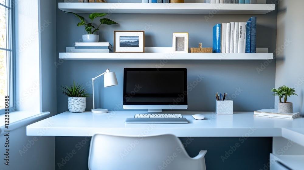 Poster modern home office workspace with computer and bookshelves