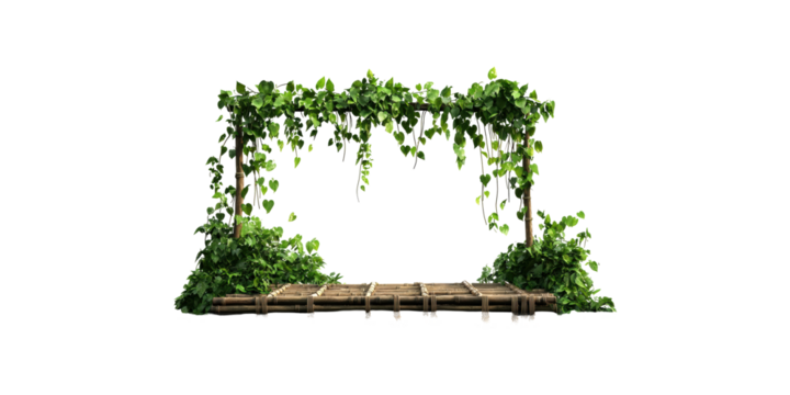 Wooden bamboo arch with green vines isolated on transparent background