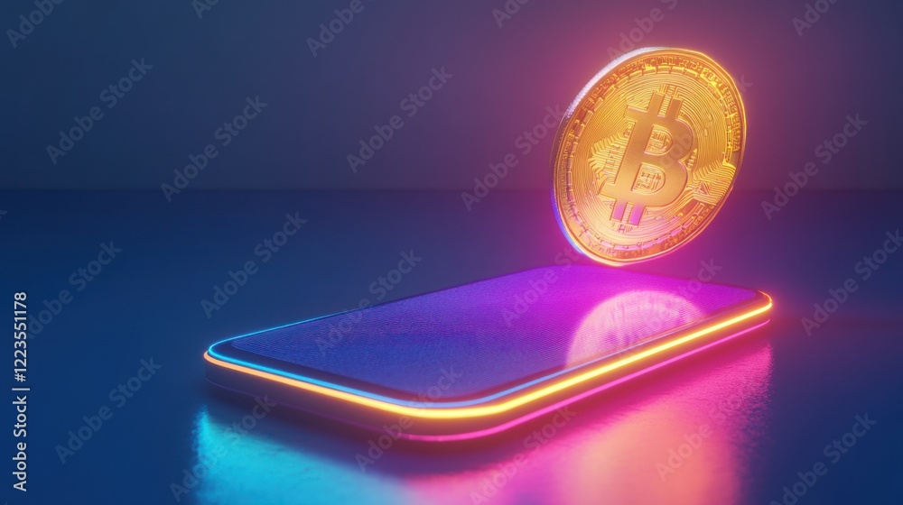 Poster golden bitcoin coin above smartphone displaying digital currency