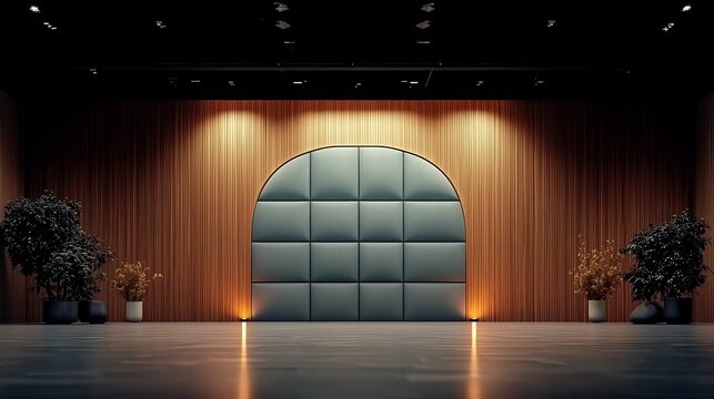 Modern event space, wood walls, arched panel, plants, dark floor, presentation backdrop