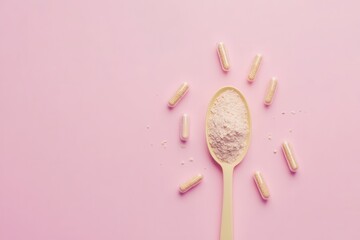 Collagen powder and capsules health and anti aging theme on pink backdrop overhead view