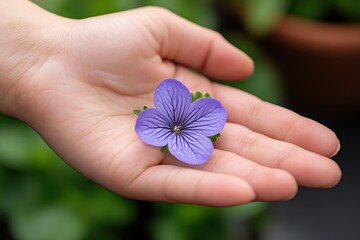 A delicate violet flower rests gently in a person's open hand, symbolizing beauty and connection to nature.