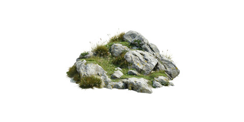 Large rock formation with grass isolated on transparent background