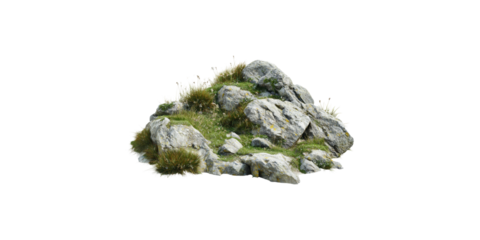 Large rock formation with grass isolated on transparent background