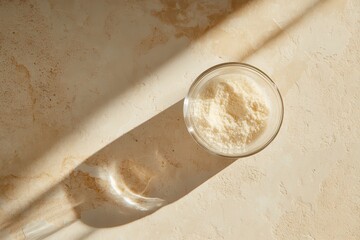 Collagen powder and water in a measuring spoon on a light background Natural health and beauty supplement Close up view