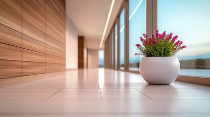Fototapeta premium Modern hallway, potted plant, sunset view, office interior design