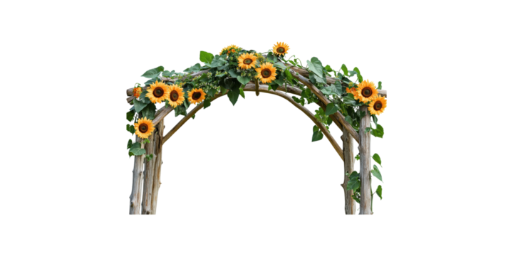 Rustic arch with sunflowers and green leaves isolated on transparent background