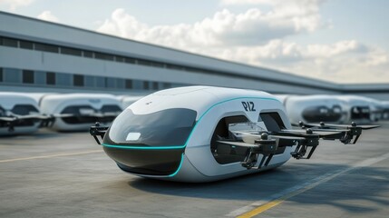 Obraz premium Autonomous Delivery Drone Awaits Dispatch At Warehouse