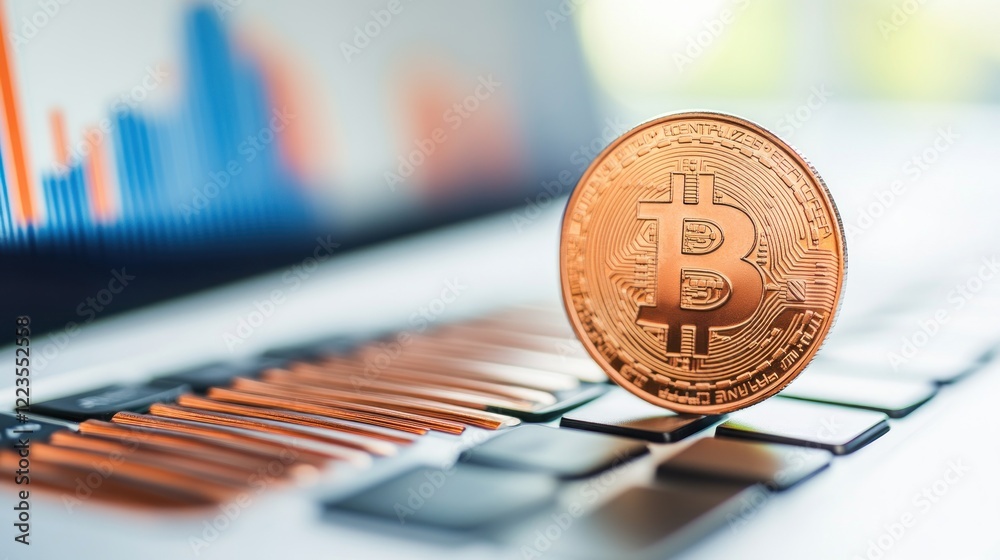Poster bitcoin cryptocurrency on laptop keyboard near graph