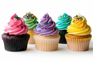 Deliciously colorful cupcakes with swirls of frosting and sprinkles displayed on a white background, perfect for any celebration or sweet treat isolated on transparent background