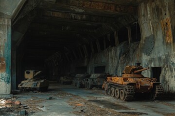 Fototapeta premium Decaying remnants of an abandoned military base are evident, showcasing rusting tanks and empty bunkers. The eerie atmosphere invites exploration of the forsaken site