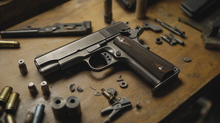 Detailed Photo of Disassembled Handguns and Tools on a Wooden Workbench for Gunsmithing and Maintenance