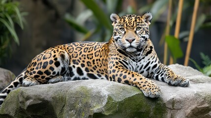 Obraz premium Majestic jaguar resting on rock in lush jungle habitat