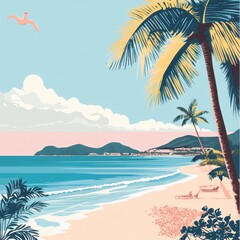 Fototapeta premium Serene Tropical Beach Scene with Palm Trees and Ocean
