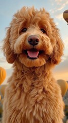 Fototapeta premium Golden Labradoodle in Sunrise Landscape with Hot Air Balloons in Background - Cute Puppy Dog Outdoors Enjoying Beautiful Scenic View - Fluffy Pet Adventure