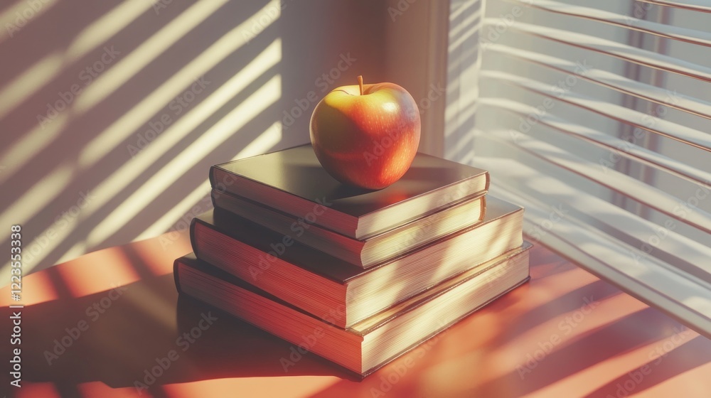 Poster a red apple rests atop a stack of books