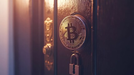 Bitcoin Coin on Door Secured with Padlock