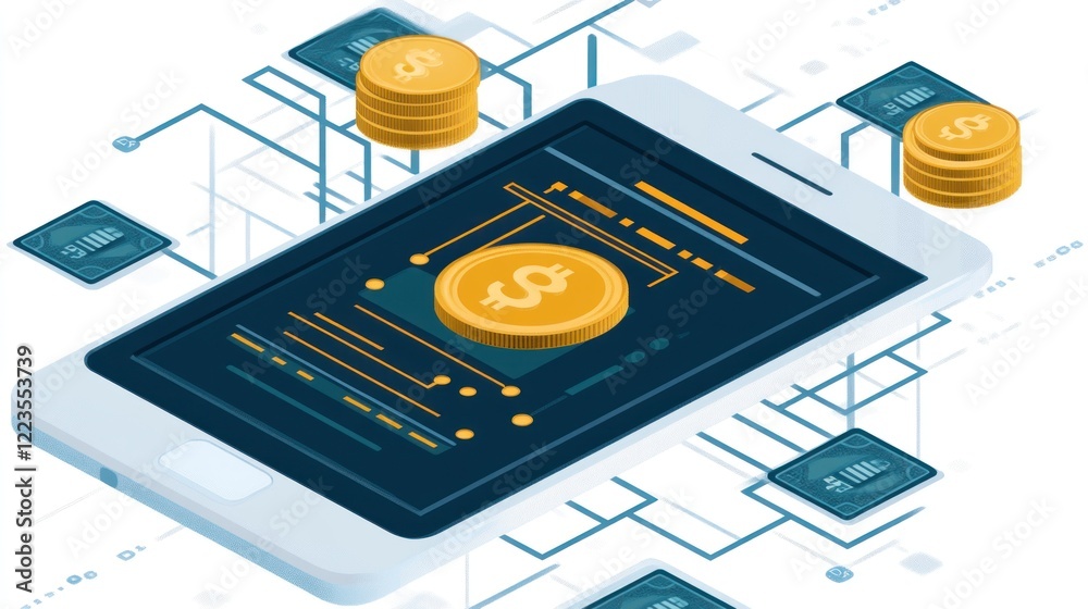 Poster mobile banking app shows digital currency transactions