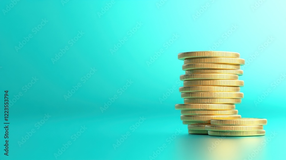 Poster a stack of golden coins on a teal background