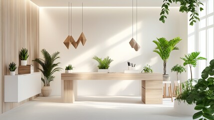 A minimalist eclectic home office with all-white decor