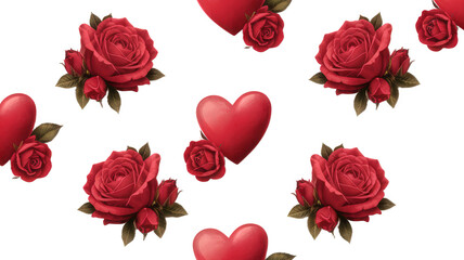 Romantic Pattern of Red Roses and Hearts on Transparent Background