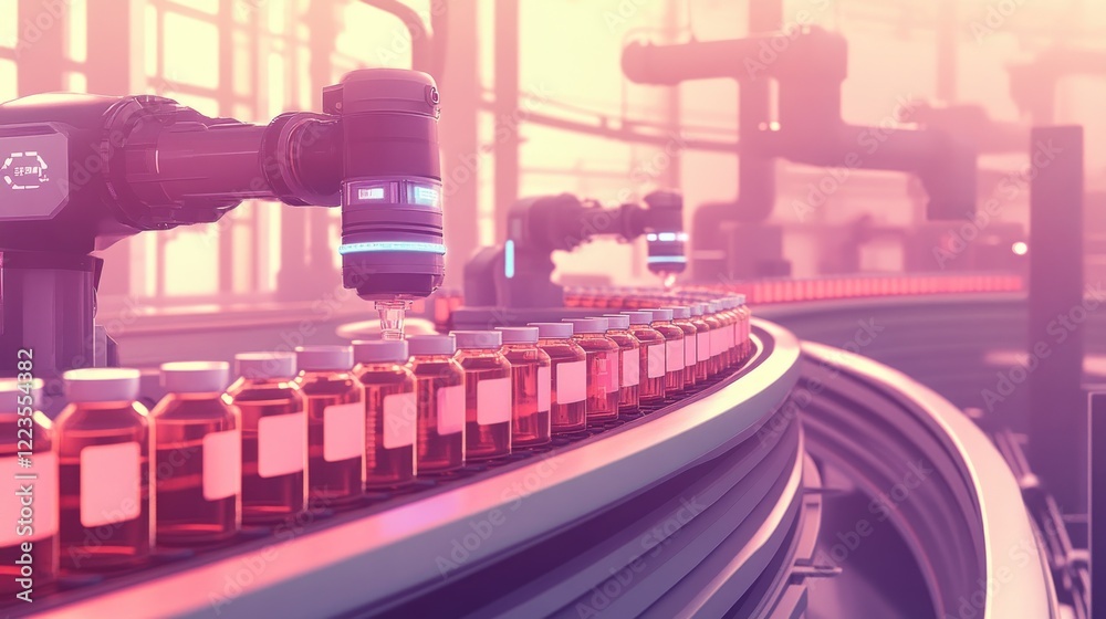 Poster robotic arm filling bottles on conveyor belt in factory