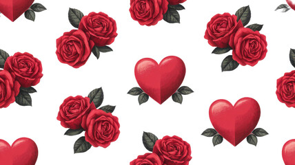 Fototapeta premium Seamless Pattern of Red Roses and Hearts with Leaves on Transparent Background