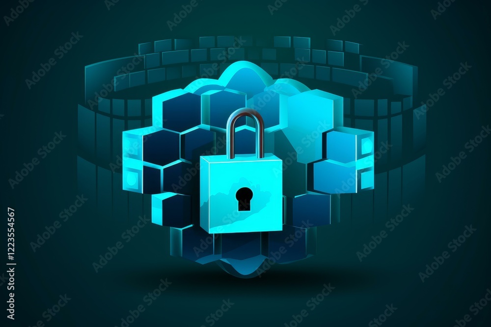 Poster secure digital lock safeguarding a complex hexagonal data network in a futuristic cyberspace environ