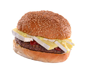 Brie cheese burger isolated on transparent layered background.