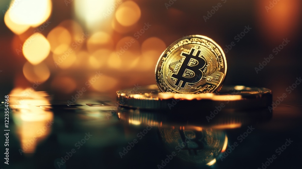 Poster golden bitcoin coin resting on other coins