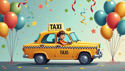 Festive classic taxi cab with balloons and smiling driver