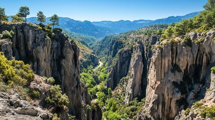 Fototapeta premium Majestic Mountain Gorge With Verdant Valley And Tall Cliffs