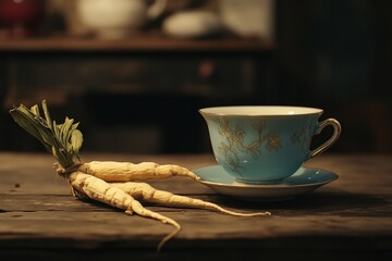 Ginseng and teacup rest on the table
