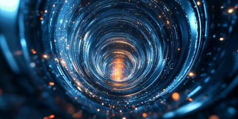 Obraz premium Futuristic Digital Tunnel with Glowing Red and Orange Lights, Representing High-Speed Data Transfer and Advanced Technology