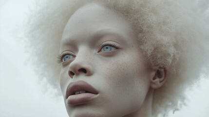 Portrait of Albino female, with African facial features and curly hair  pale skin
