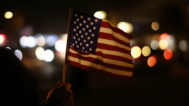 Close up image of a hand holding an American flag at night with bokeh background