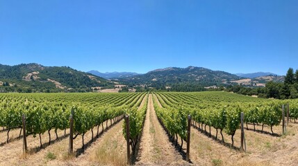 Fototapeta premium Vineyard Rows Stretch Towards Distant Mountains Under a Blue Sky