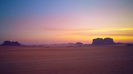 Fototapeta premium Desert Sunset Landscape With Silhouetted Rocks