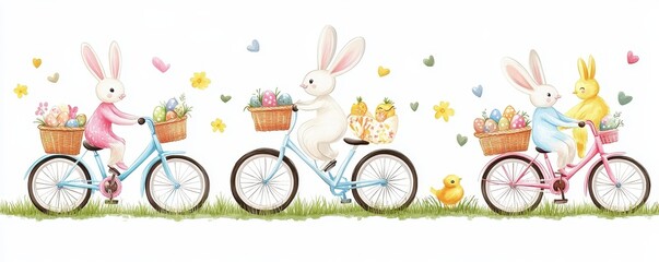 Obraz premium Delightful illustration of Easter rabbits riding bicycles with baskets of colorful eggs and baby chicks in a springtime setting