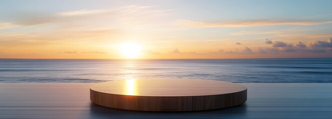 A podium made of polished wood, placed on a sunlit balcony overlooking a calm ocean at sunset