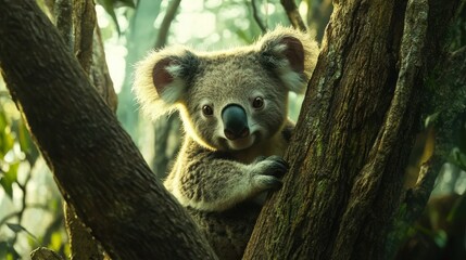 Fototapeta premium Curious koala in sunlit australian forest habitat