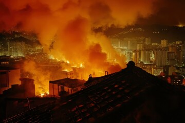 Cityscape Inferno Nighttime Blaze Engulfs Buildings