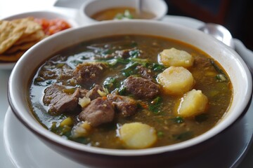 Soto Kuning Bogor Traditional beef and coconut milk soup from Bogor West Java served with potato patties chili sauce crackers and pickles