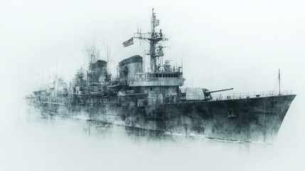 American warship sailing in misty waters with us flag flying high