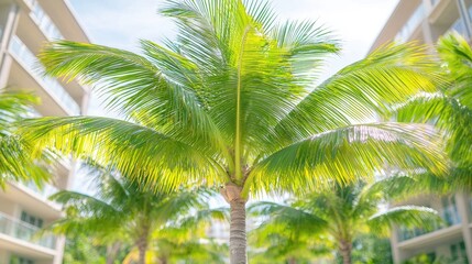 Fototapeta premium Tropical resort palm trees, sunny day, building background, vacation getaway