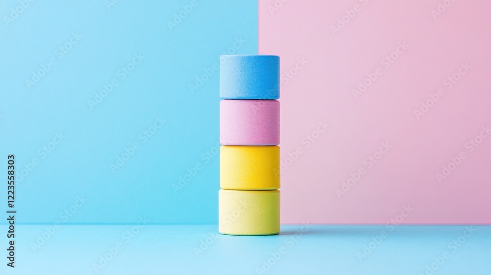 Poster pastel colored cylinders stacked vertically on a background