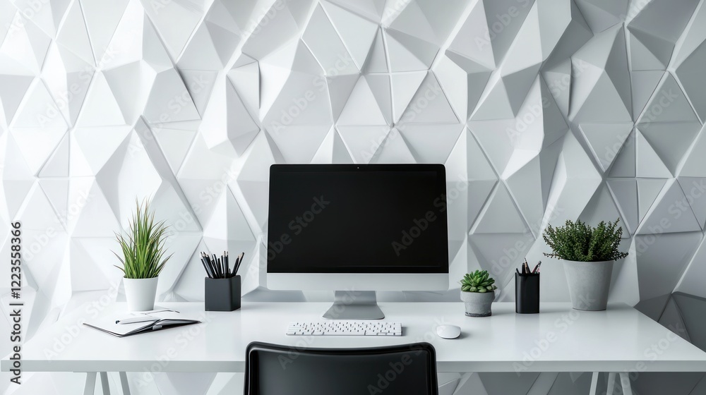 Poster Modern minimalist workspace with computer and geometric wall