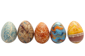 Colorful Easter eggs hand-painted with intricate designs displayed elegantly on a white background isolated on transparent background
